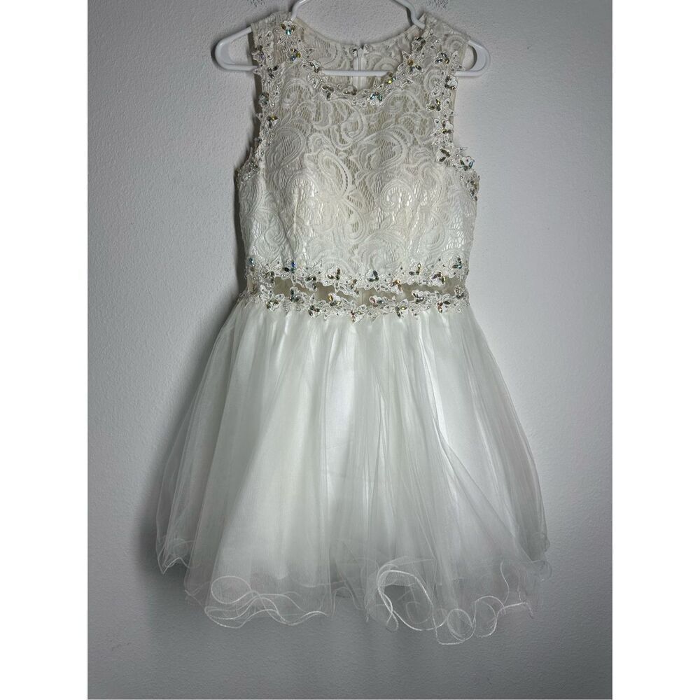 Elizabeth K GLS Dama Dress Lace Bodice Sequins Trim Cream Size L Sheer Waistline